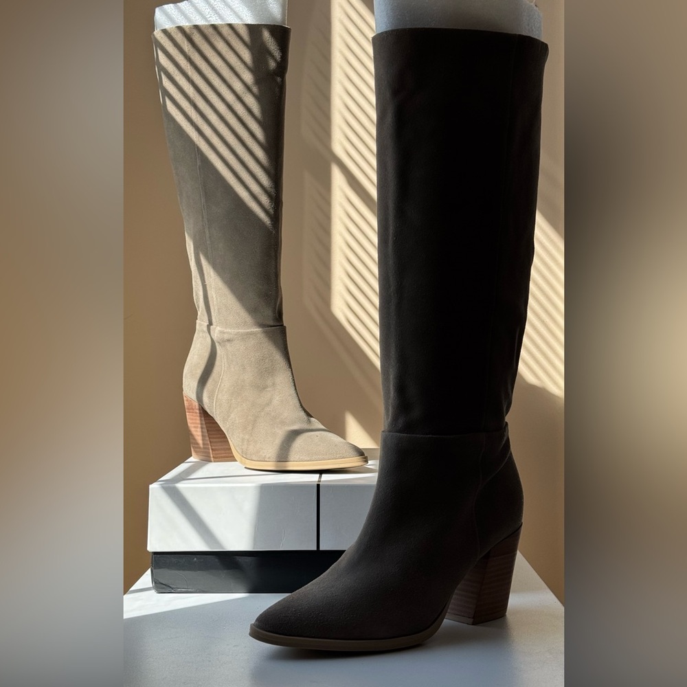 Dolce Vita Two-Tone Suede Mid-Calf Block Heel Boots - Taupe & Black